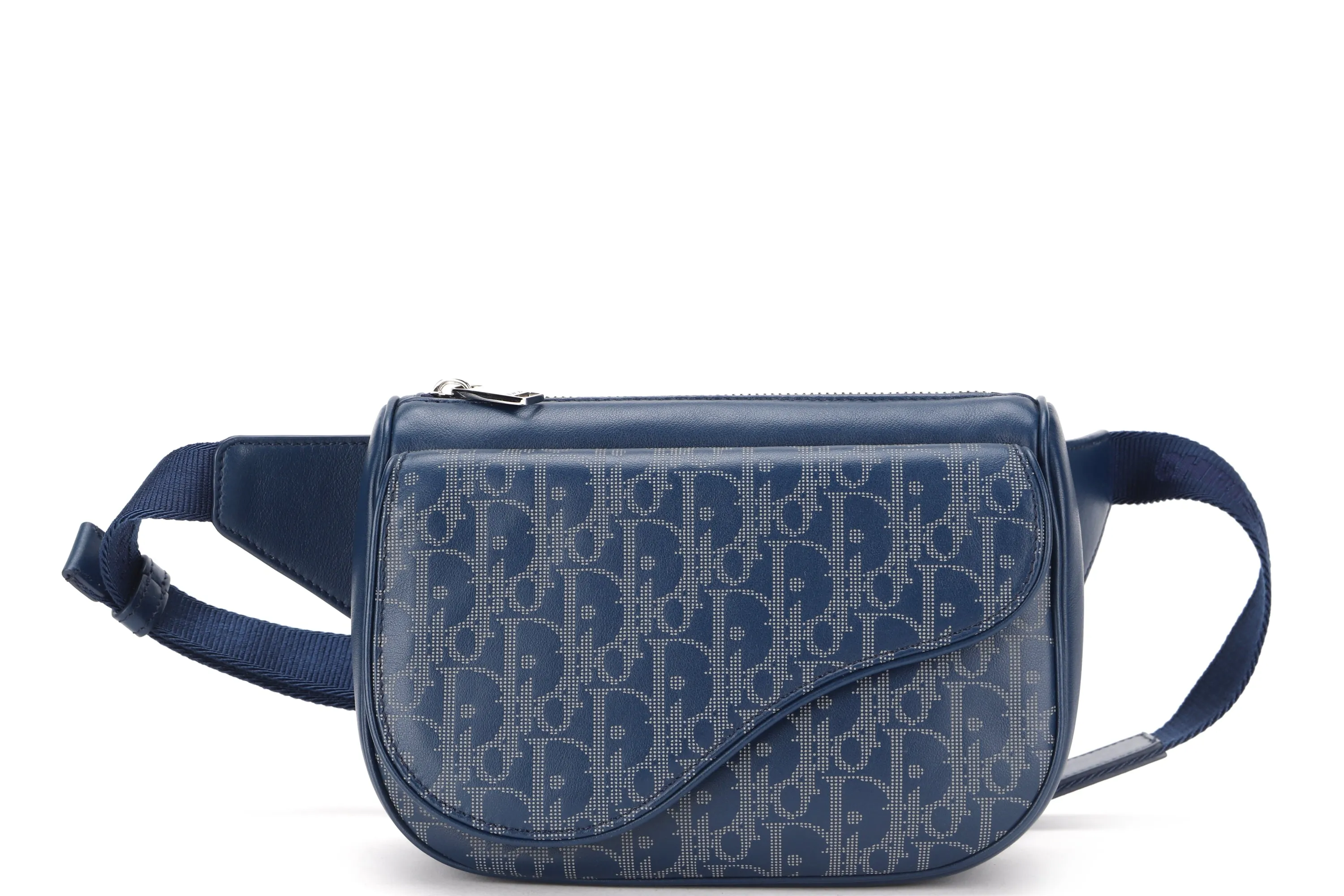CHRISTIAN DIOR WORLD TOUR SADDLE BELT BAG (21BO.0241) DIOR HOMME OBLIQUE MONOGRAM & SGN NAVY BLUE GALAXY CALF LEATHER BRUSH SILVER HARDWARE, WITH DUST COVER