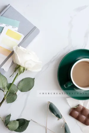 Coffee, Roses & Sunglasses. Styled Stock Image
