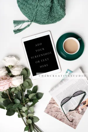 Coffee, Tote, Roses & Tablet. Styled Stock Image