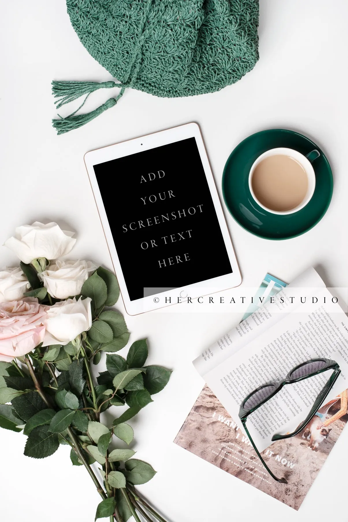 Coffee, Tote, Roses & Tablet. Styled Stock Image