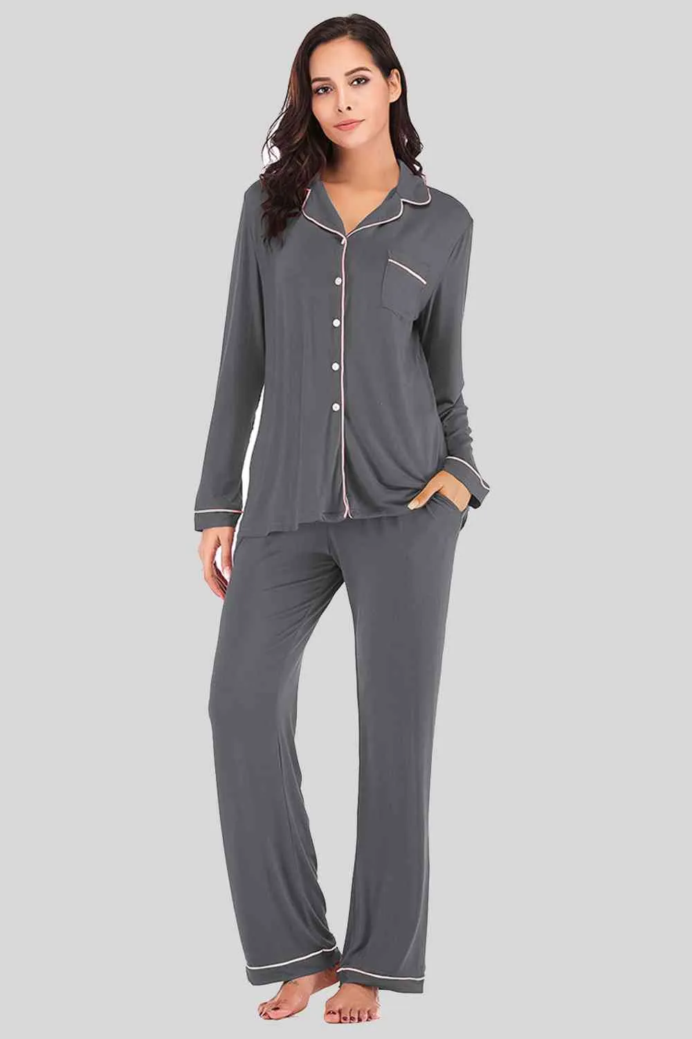 Collared Neck Long Sleeve Loungewear Set with Pockets (9 Colors)