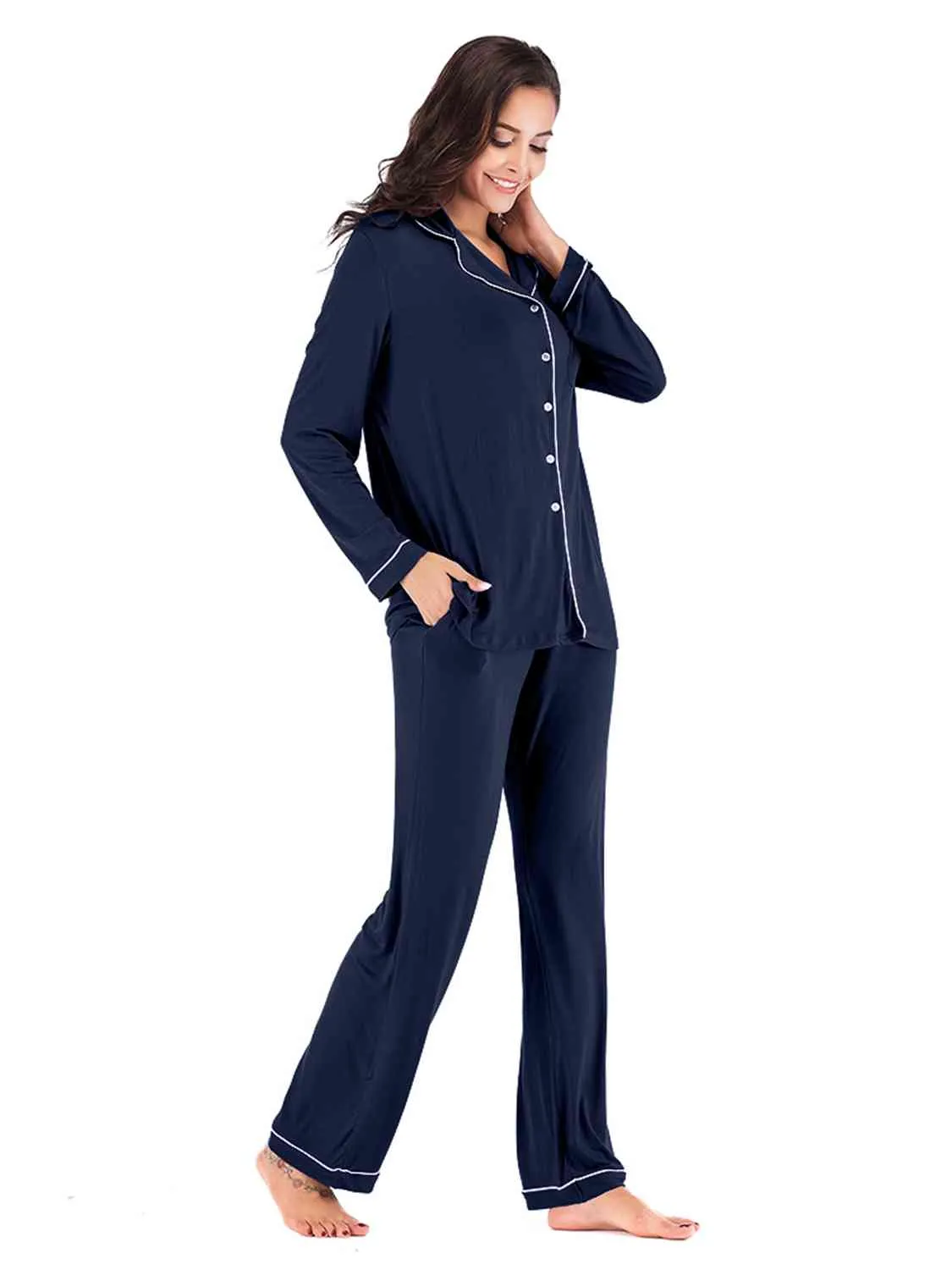 Collared Neck Long Sleeve Loungewear Set with Pockets (9 Colors)