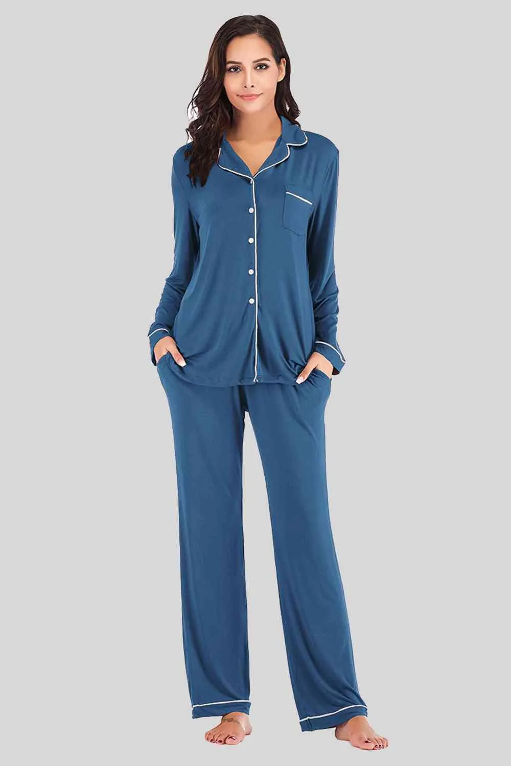 Collared Neck Long Sleeve Loungewear Set with Pockets (9 Colors)