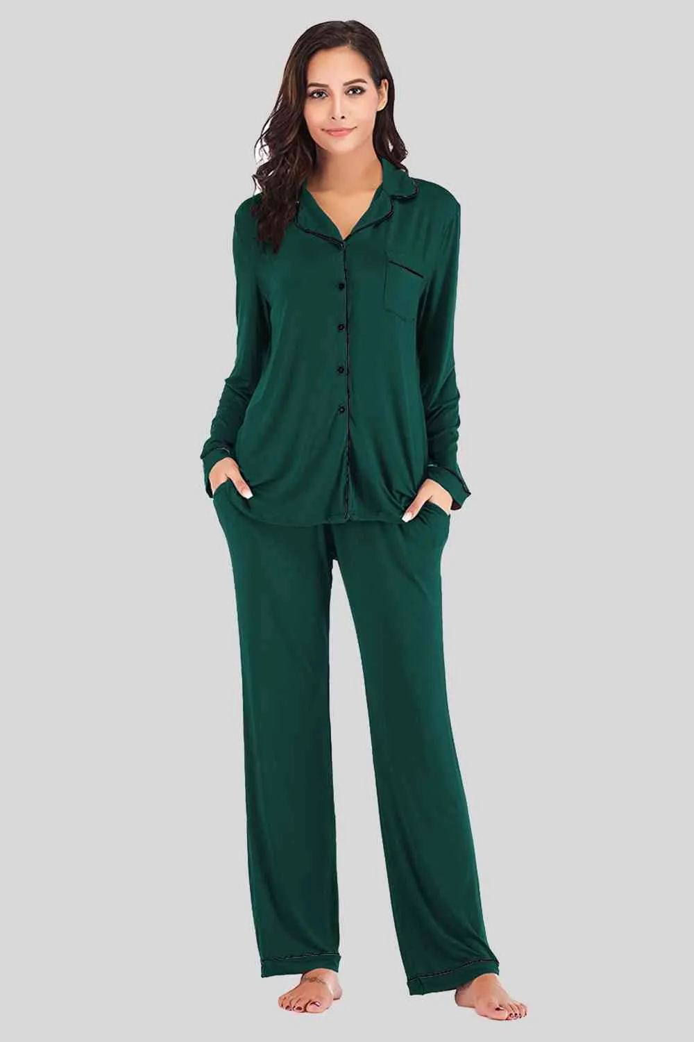 Collared Neck Long Sleeve Loungewear Set with Pockets (9 Colors)