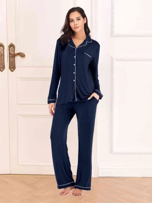 Collared Neck Long Sleeve Loungewear Set with Pockets (9 Colors)