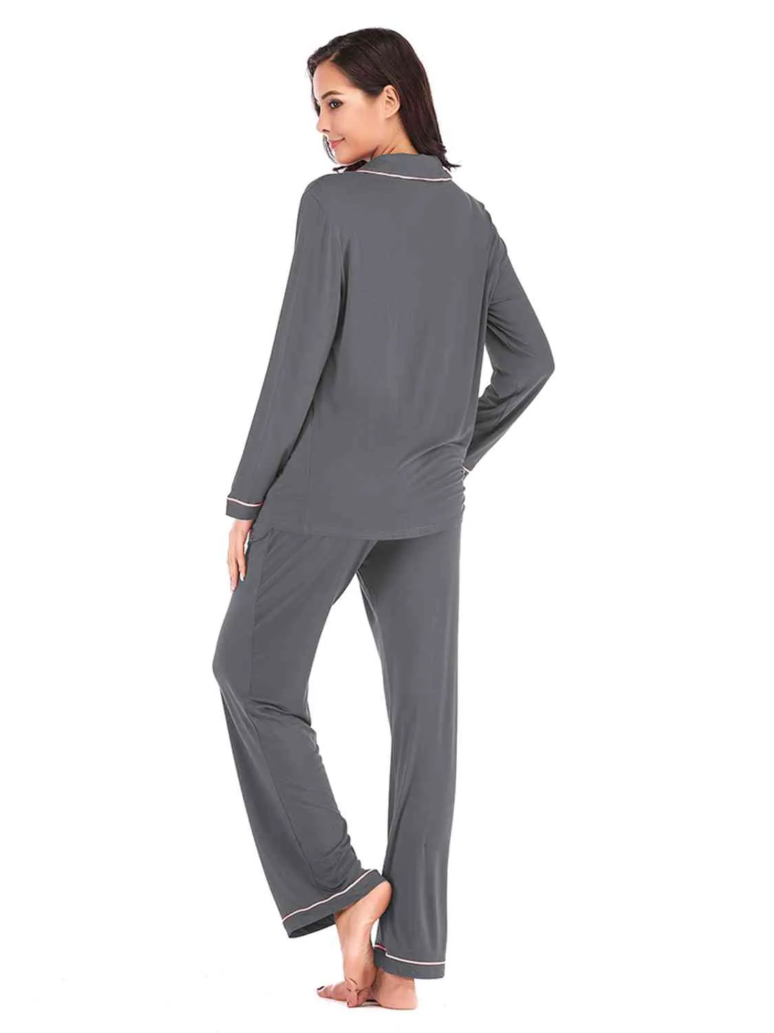Collared Neck Long Sleeve Loungewear Set with Pockets (9 Colors)