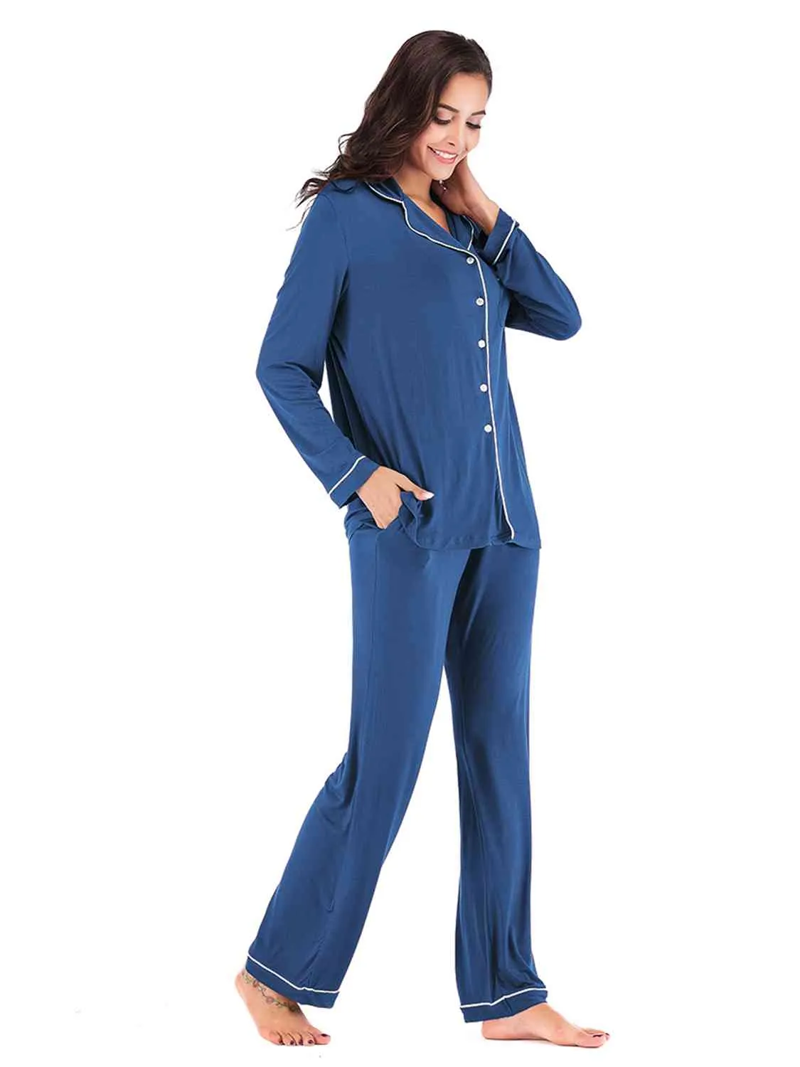 Collared Neck Long Sleeve Loungewear Set with Pockets (9 Colors)