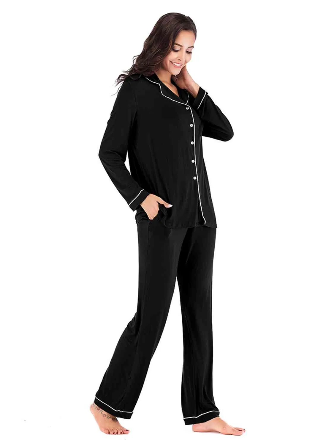 Collared Neck Long Sleeve Loungewear Set with Pockets (9 Colors)