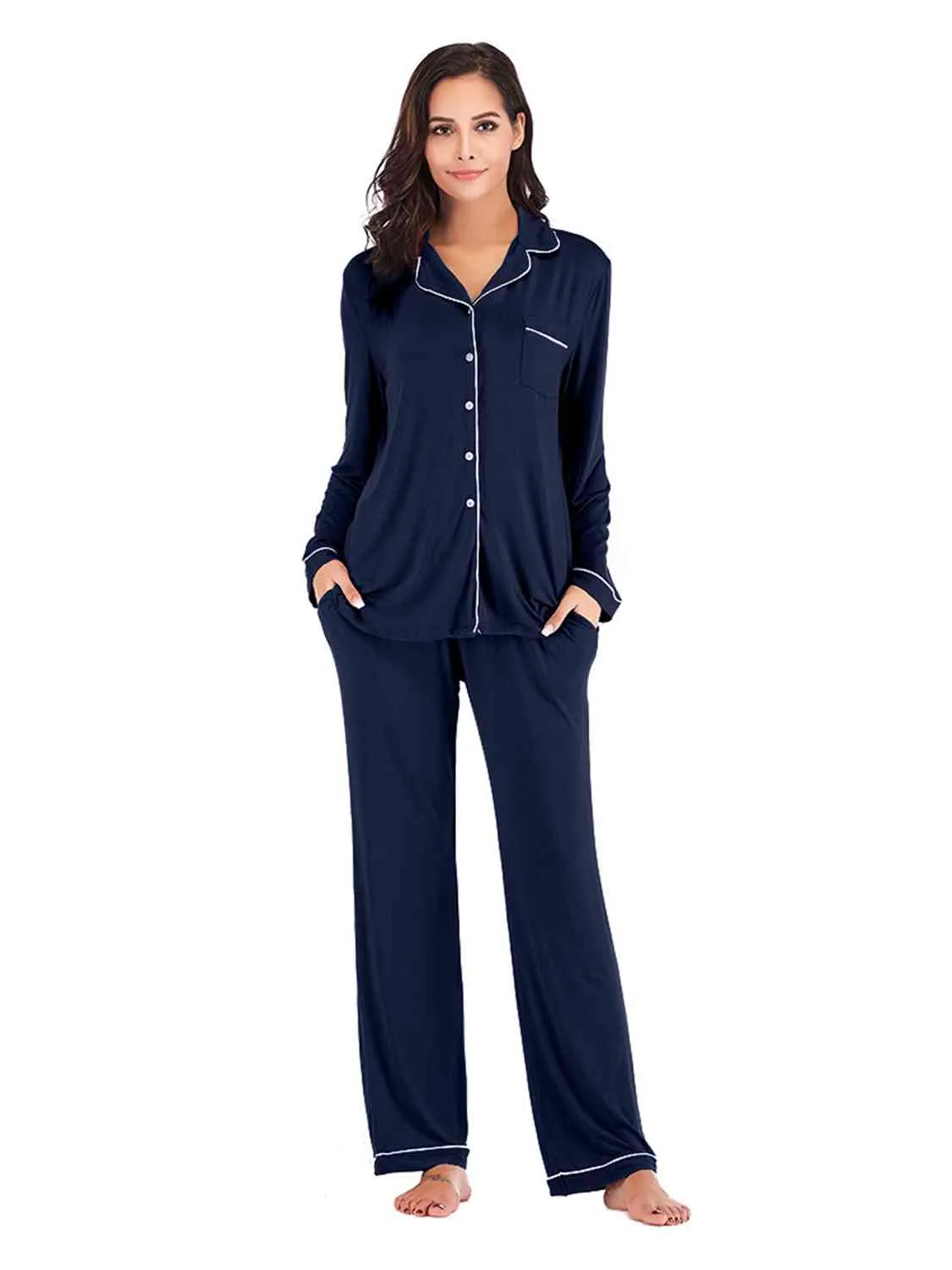 Collared Neck Long Sleeve Loungewear Set with Pockets (9 Colors)