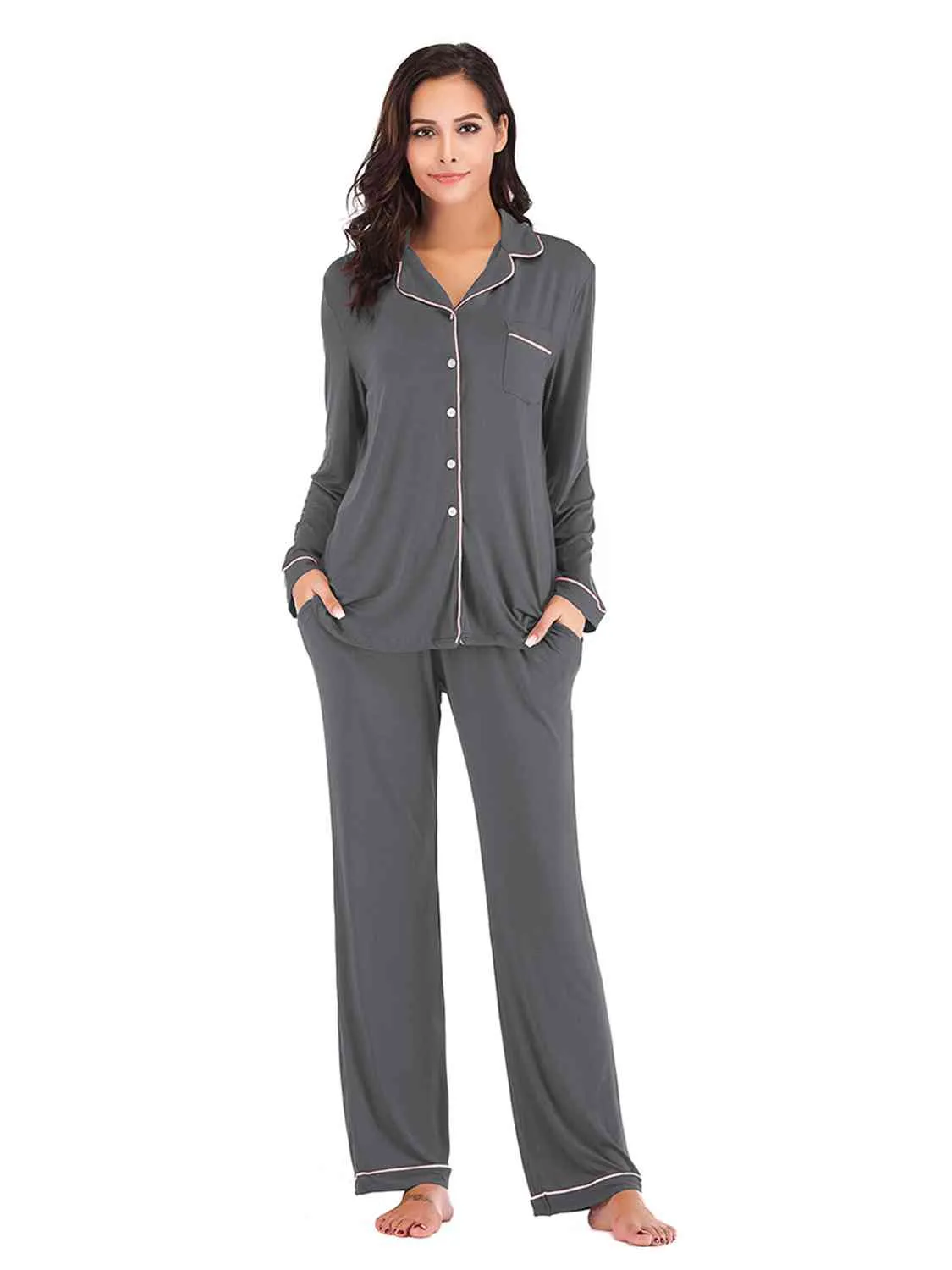 Collared Neck Long Sleeve Loungewear Set with Pockets (9 Colors)