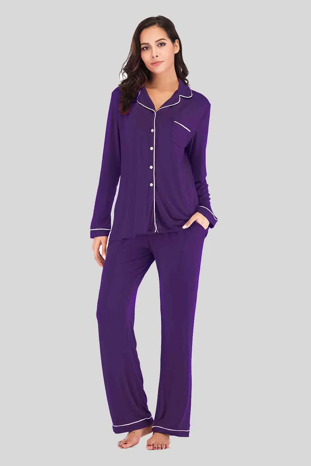 Collared Neck Long Sleeve Loungewear Set with Pockets (9 Colors)