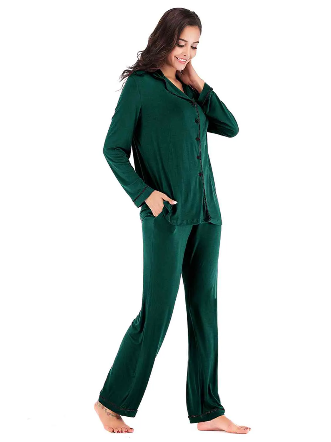 Collared Neck Long Sleeve Loungewear Set with Pockets (9 Colors)