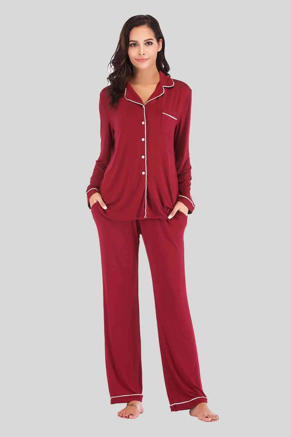 Collared Neck Long Sleeve Loungewear Set with Pockets (9 Colors)