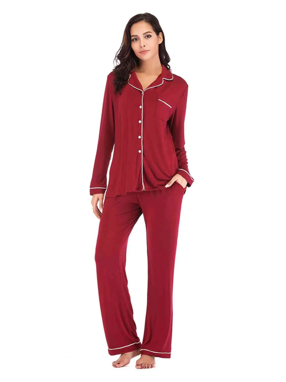 Collared Neck Long Sleeve Loungewear Set with Pockets (9 Colors)