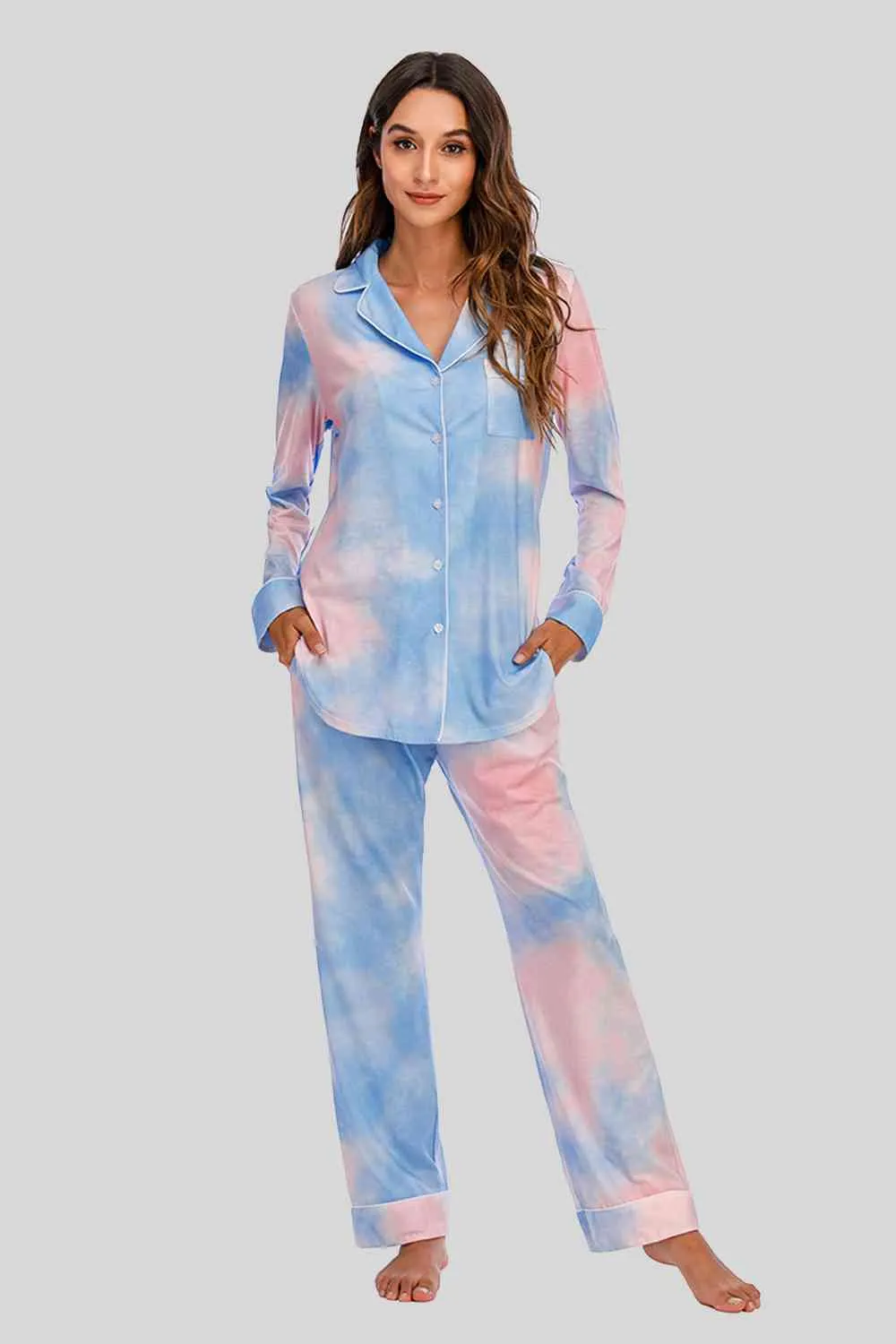 Collared Neck Long Sleeve Loungewear Set with Pockets (9 Colors)