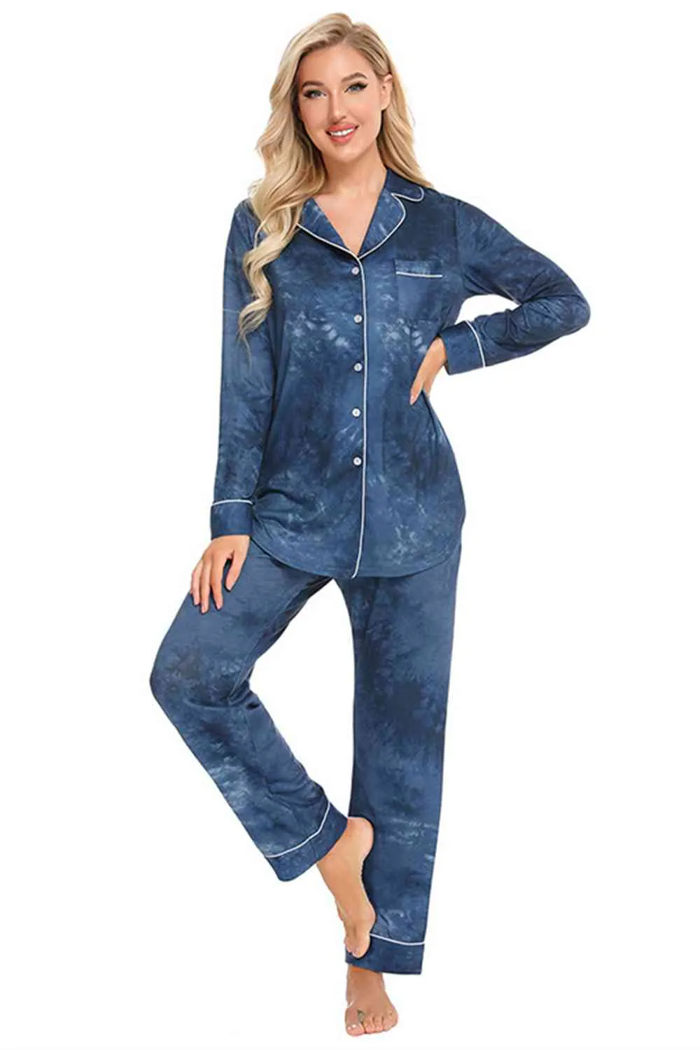 Collared Neck Long Sleeve Loungewear Set with Pockets (9 Colors)