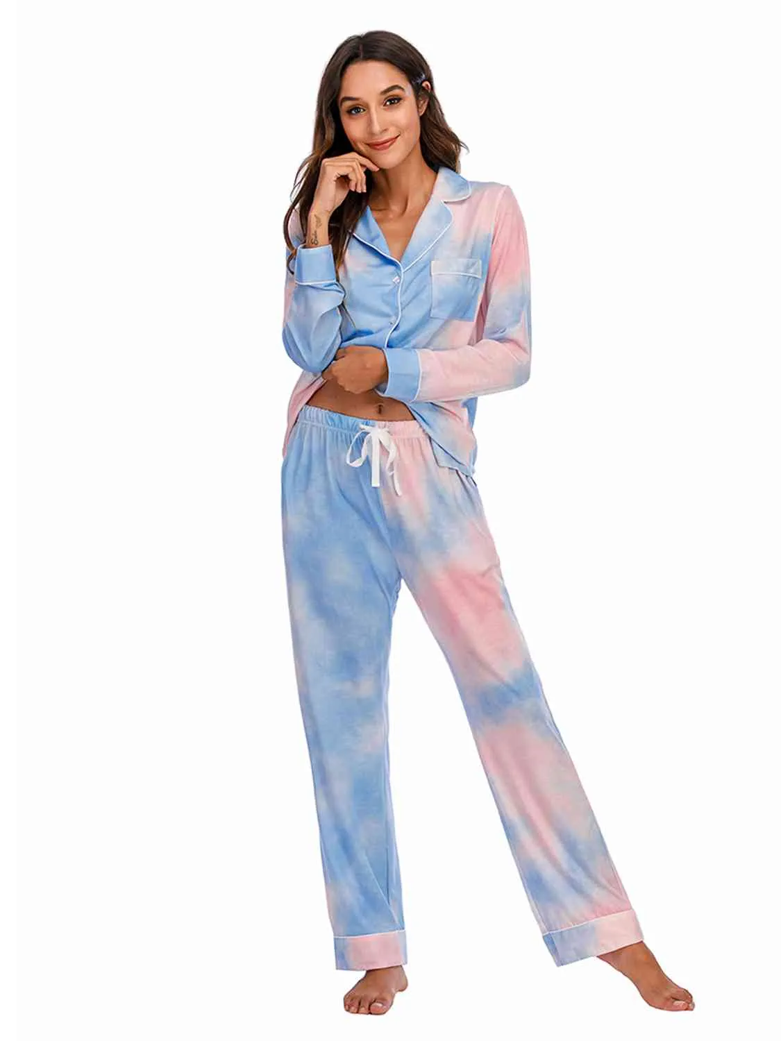 Collared Neck Long Sleeve Loungewear Set with Pockets (9 Colors)