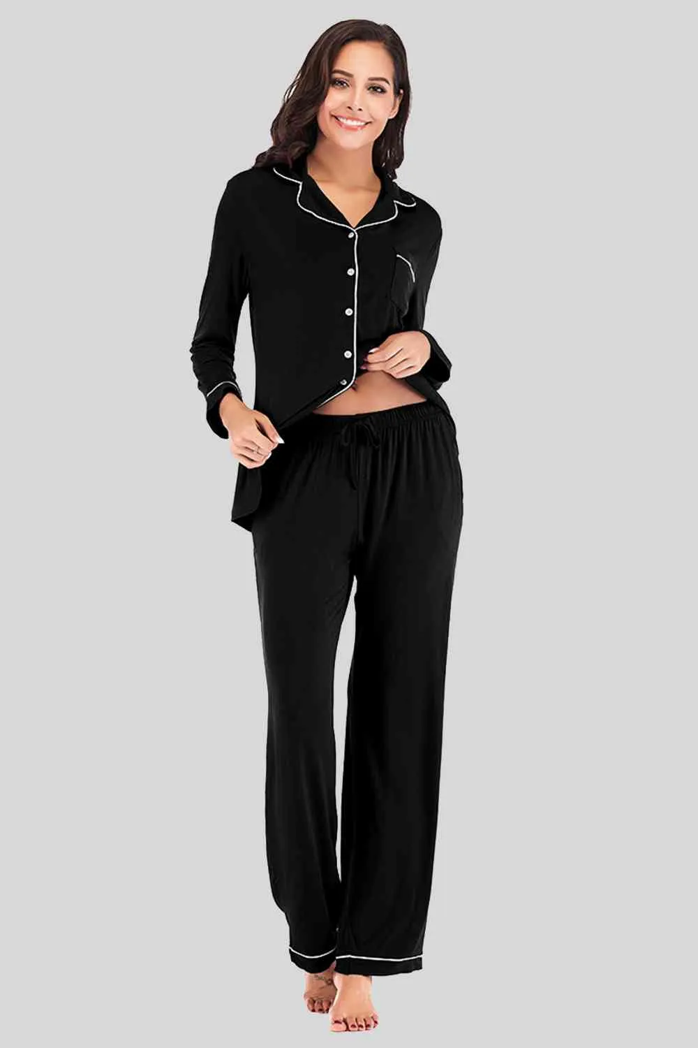 Collared Neck Long Sleeve Loungewear Set with Pockets (9 Colors)