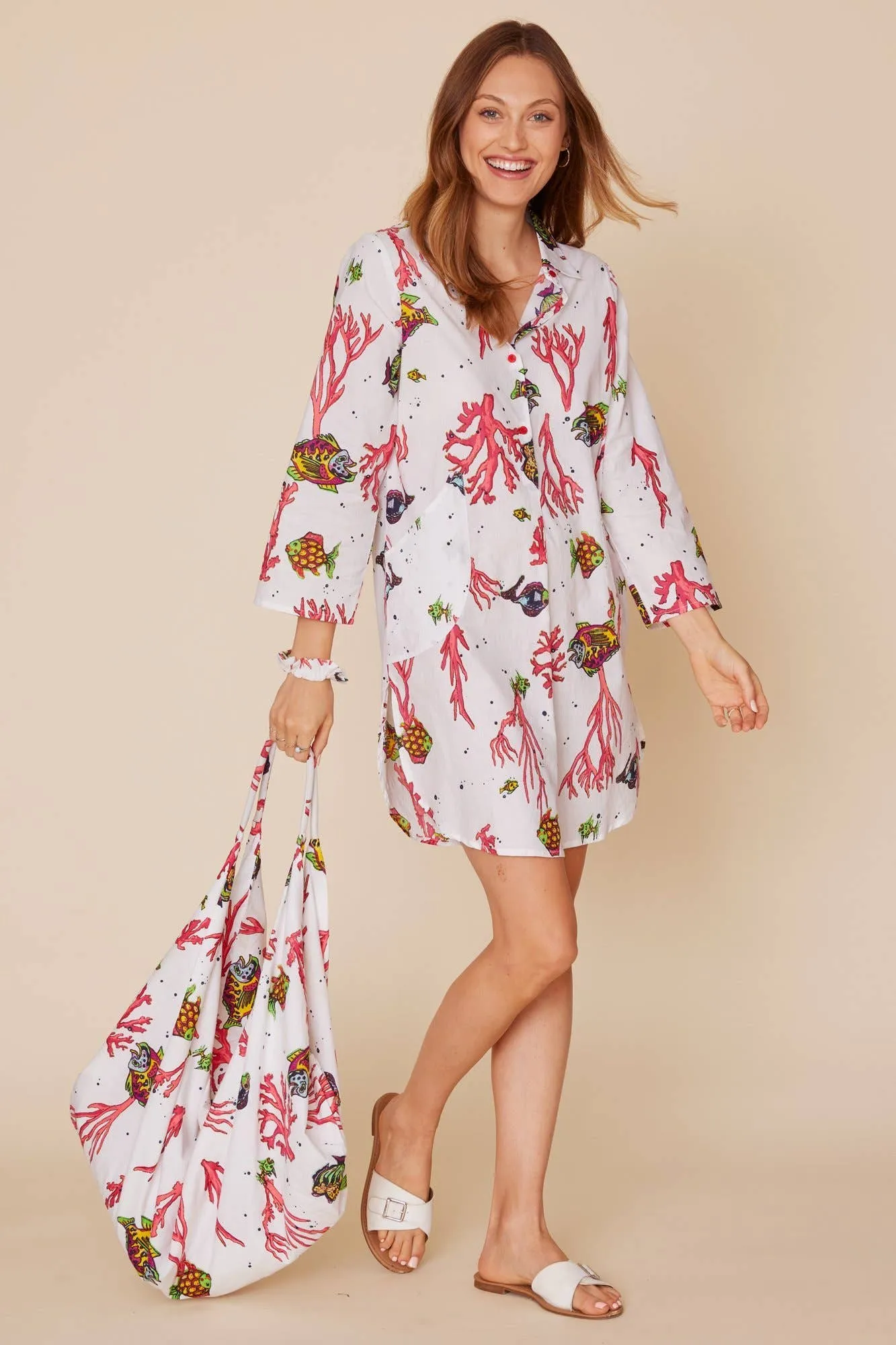 Coral Fish Tunic Shirt Dress with Pockets