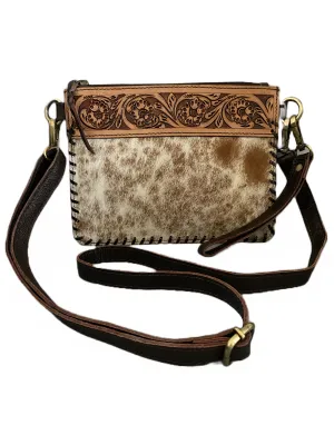 Cowhide & Hand Tooled Leather Clutch / Shoulder Bag with Stitching