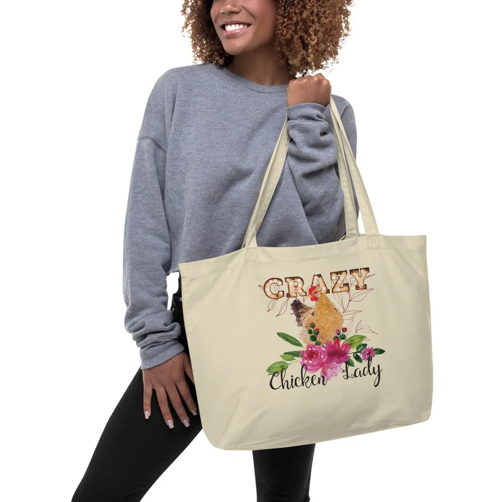 Crazy Chicken Lady Floral Large organic tote bag