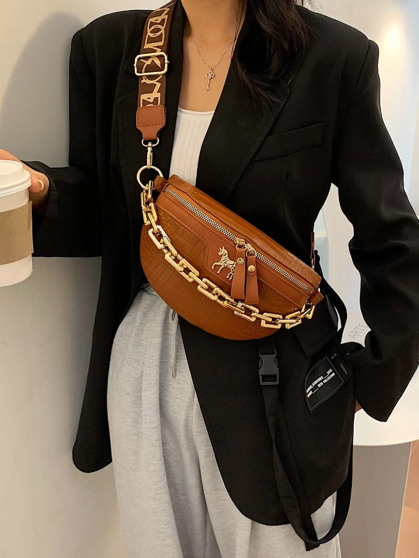 Croc Embossed Chain Decor Fanny Pack - brown