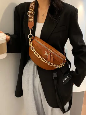 Croc Embossed Chain Decor Fanny Pack - brown