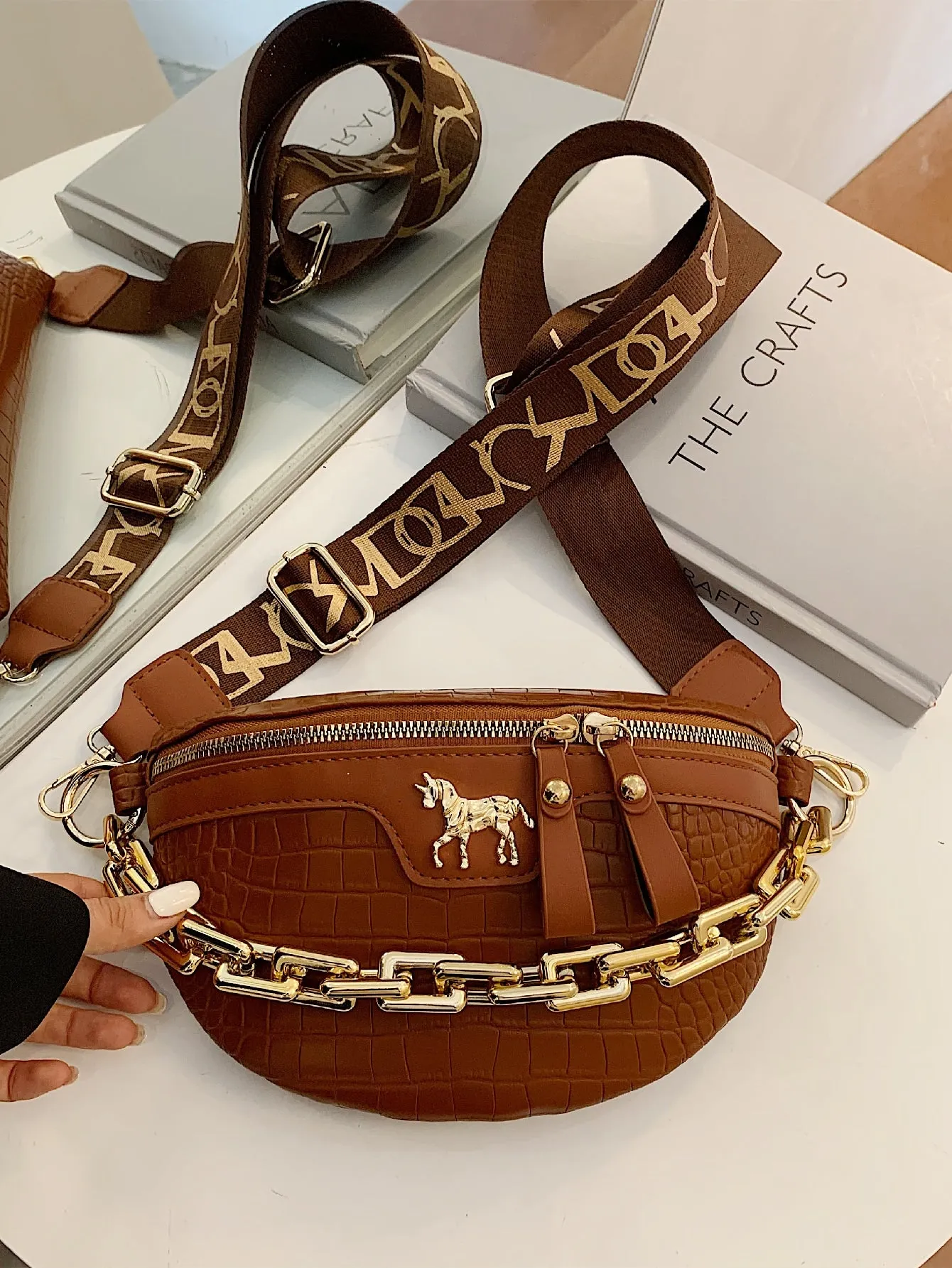 Croc Embossed Chain Decor Fanny Pack - brown