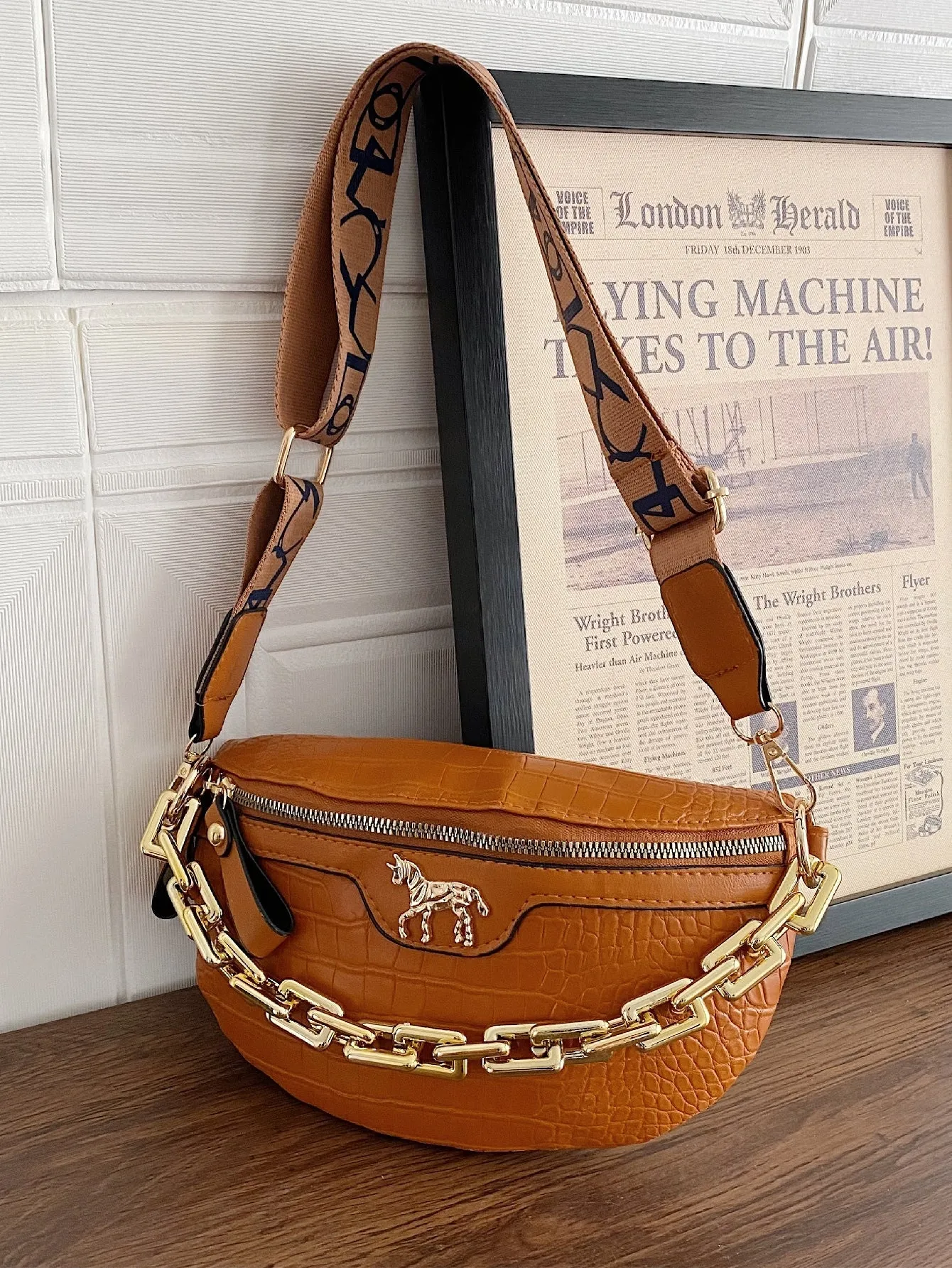 Croc Embossed Chain Decor Fanny Pack - brown