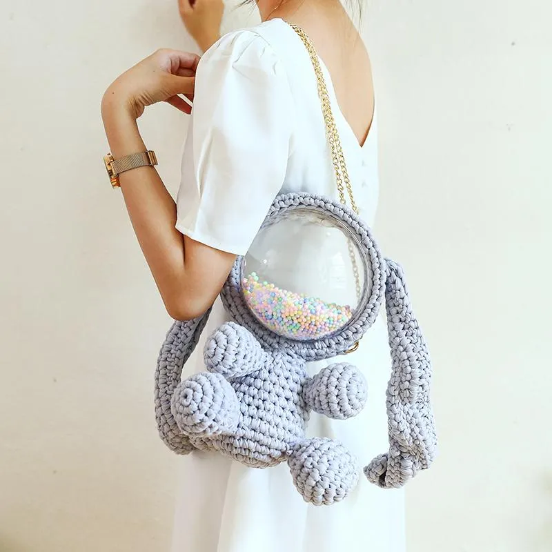 Cute Pink Crochet Bunny Backpack Rabbit Crochet Shoulder Bag for Girl Bunny Crochet Crossbody Purse