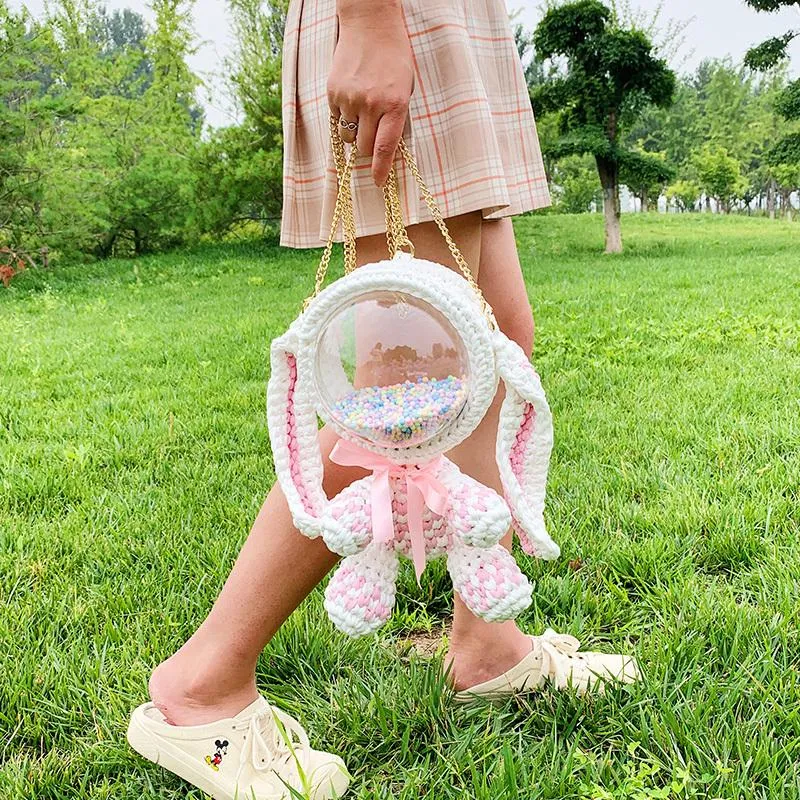 Cute Pink Crochet Bunny Backpack Rabbit Crochet Shoulder Bag for Girl Bunny Crochet Crossbody Purse