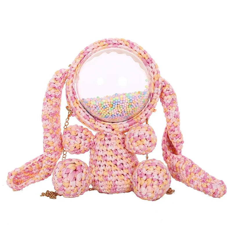 Cute White&Pink Crochet Bunny Backpack Rabbit Crochet Shoulder Bag for Girl Bunny Crochet Crossbody Purse