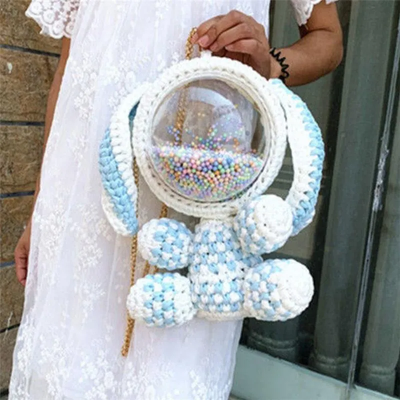 Cute White&Pink Crochet Bunny Backpack Rabbit Crochet Shoulder Bag for Girl Bunny Crochet Crossbody Purse