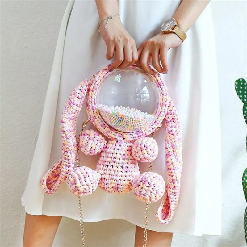 Cute White&Pink Crochet Bunny Backpack Rabbit Crochet Shoulder Bag for Girl Bunny Crochet Crossbody Purse