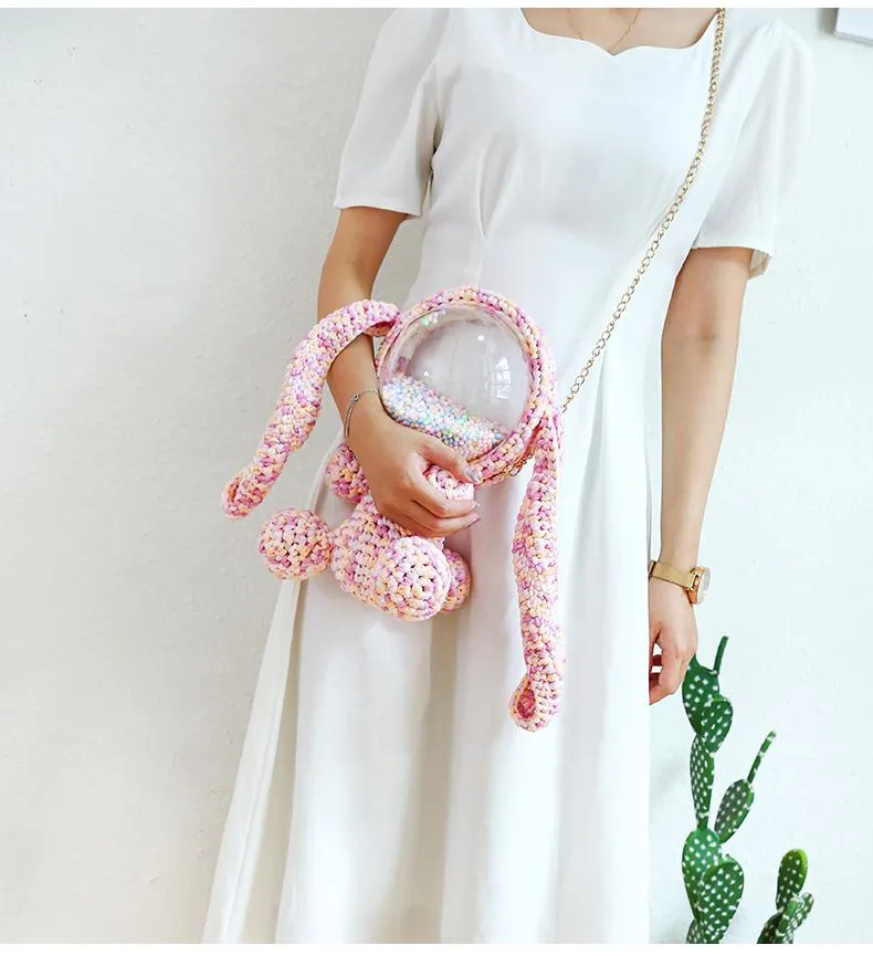 Cute White&Pink Crochet Bunny Backpack Rabbit Crochet Shoulder Bag for Girl Bunny Crochet Crossbody Purse