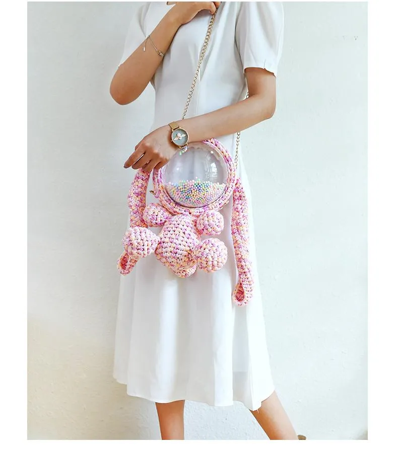 Cute White&Pink Crochet Bunny Backpack Rabbit Crochet Shoulder Bag for Girl Bunny Crochet Crossbody Purse