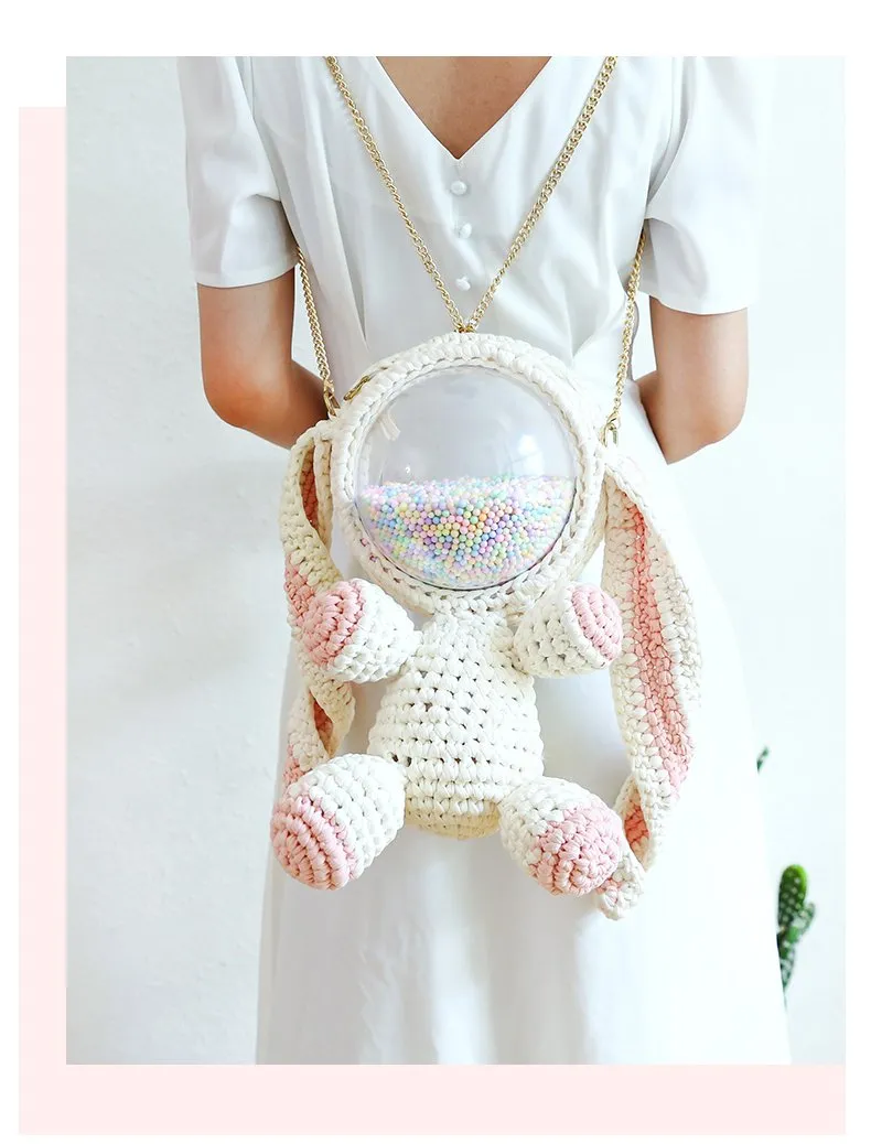 Cute White&Pink Crochet Bunny Backpack Rabbit Crochet Shoulder Bag for Girl Bunny Crochet Crossbody Purse