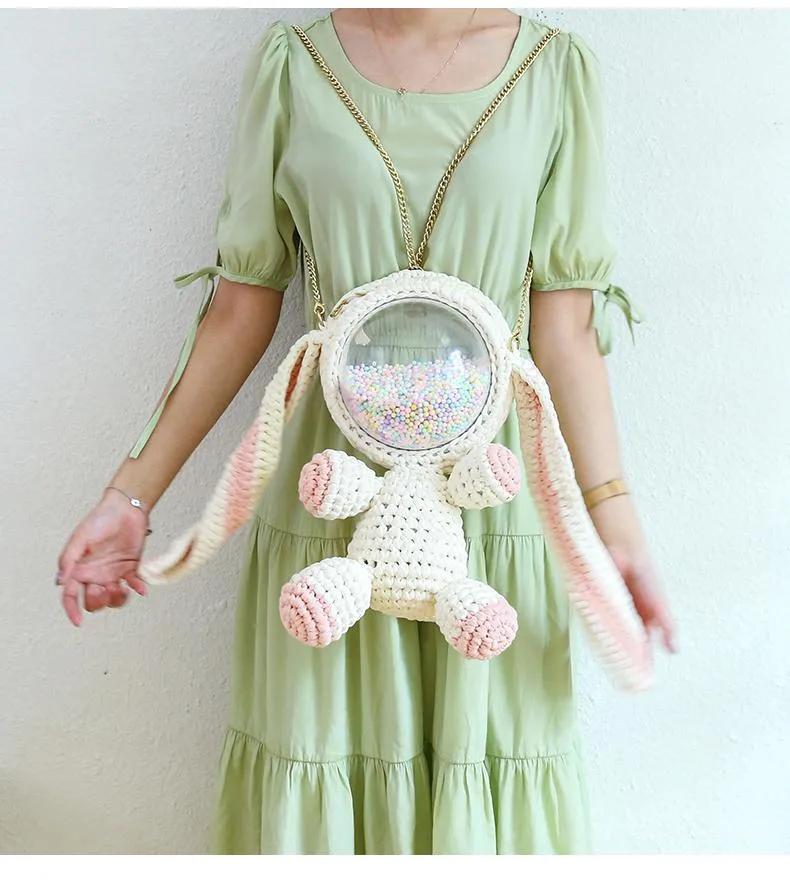 Cute White&Pink Crochet Bunny Backpack Rabbit Crochet Shoulder Bag for Girl Bunny Crochet Crossbody Purse
