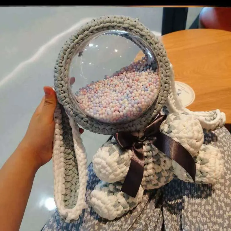 Cute White&Pink Crochet Bunny Backpack Rabbit Crochet Shoulder Bag for Girl Bunny Crochet Crossbody Purse