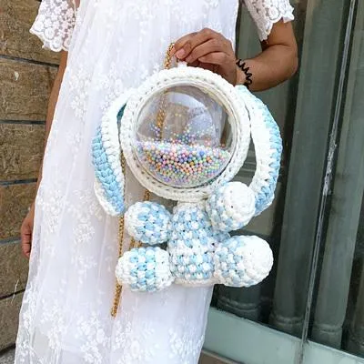 Cute White&Pink Crochet Bunny Backpack Rabbit Crochet Shoulder Bag for Girl Bunny Crochet Crossbody Purse