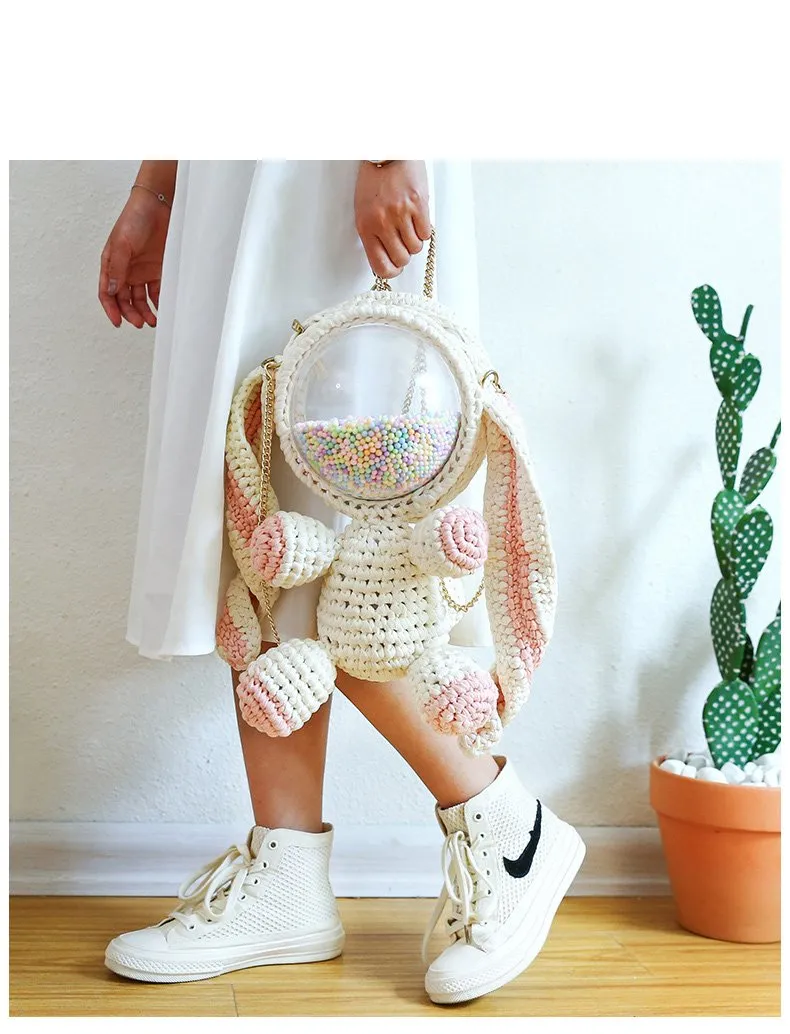 Cute White&Pink Crochet Bunny Backpack Rabbit Crochet Shoulder Bag for Girl Bunny Crochet Crossbody Purse