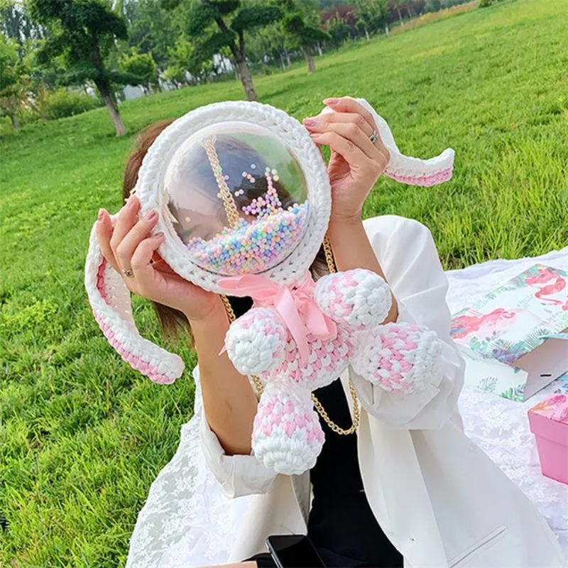Cute White&Pink Crochet Bunny Backpack Rabbit Crochet Shoulder Bag for Girl Bunny Crochet Crossbody Purse