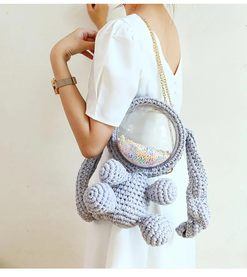 Cute White&Pink Crochet Bunny Backpack Rabbit Crochet Shoulder Bag for Girl Bunny Crochet Crossbody Purse