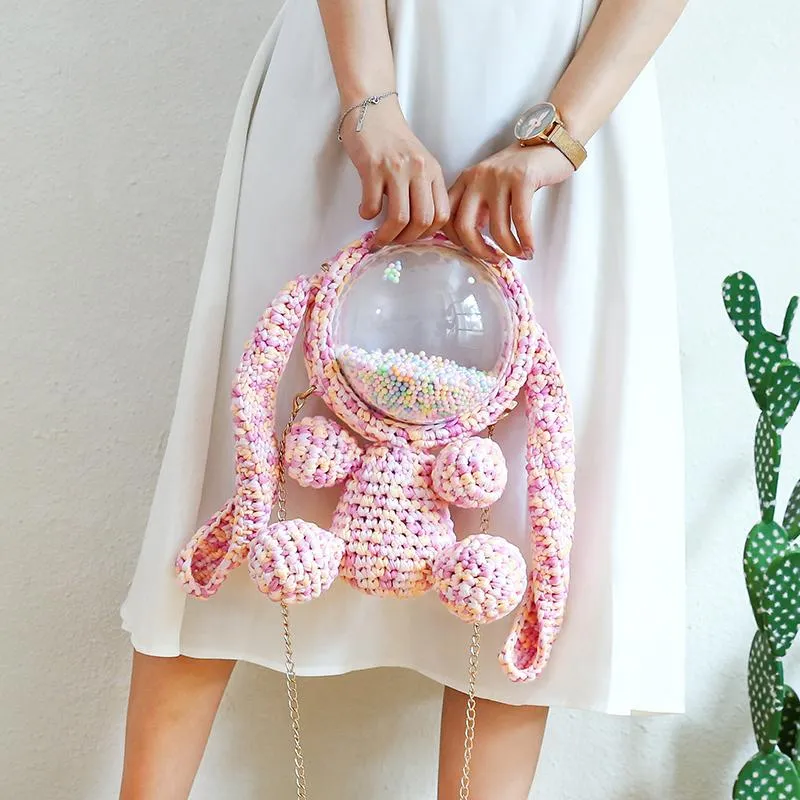 Cute White&Pink Crochet Bunny Backpack Rabbit Crochet Shoulder Bag for Girl Bunny Crochet Crossbody Purse