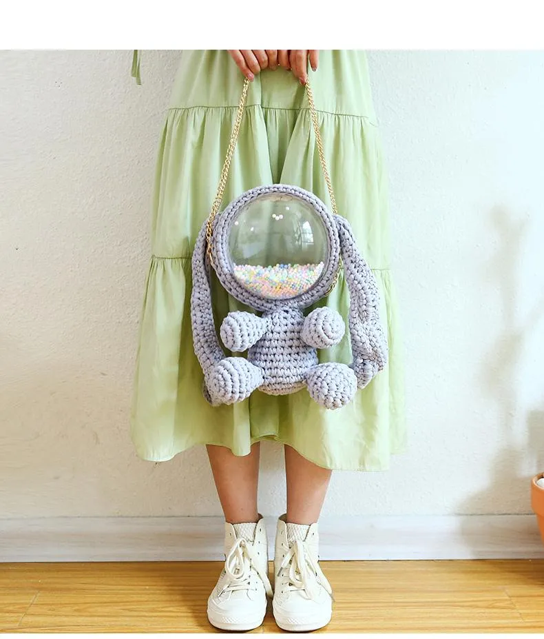Cute White&Pink Crochet Bunny Backpack Rabbit Crochet Shoulder Bag for Girl Bunny Crochet Crossbody Purse