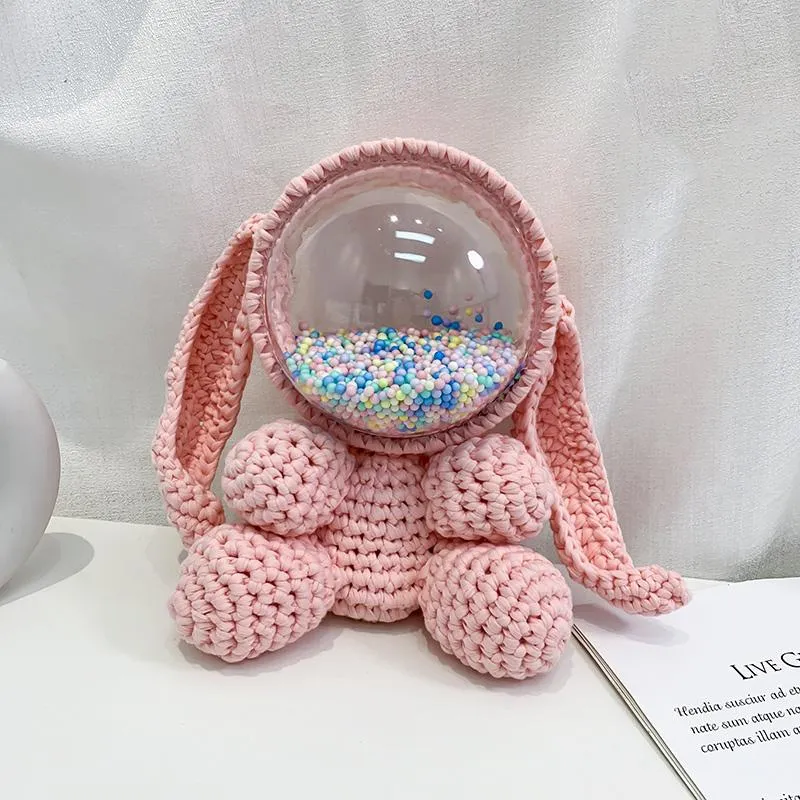 Cute White&Pink Crochet Bunny Backpack Rabbit Crochet Shoulder Bag for Girl Bunny Crochet Crossbody Purse