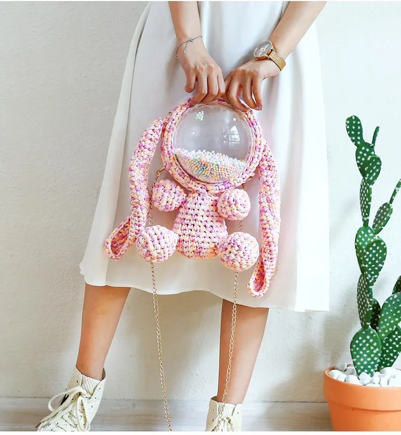Cute White&Pink Crochet Bunny Backpack Rabbit Crochet Shoulder Bag for Girl Bunny Crochet Crossbody Purse