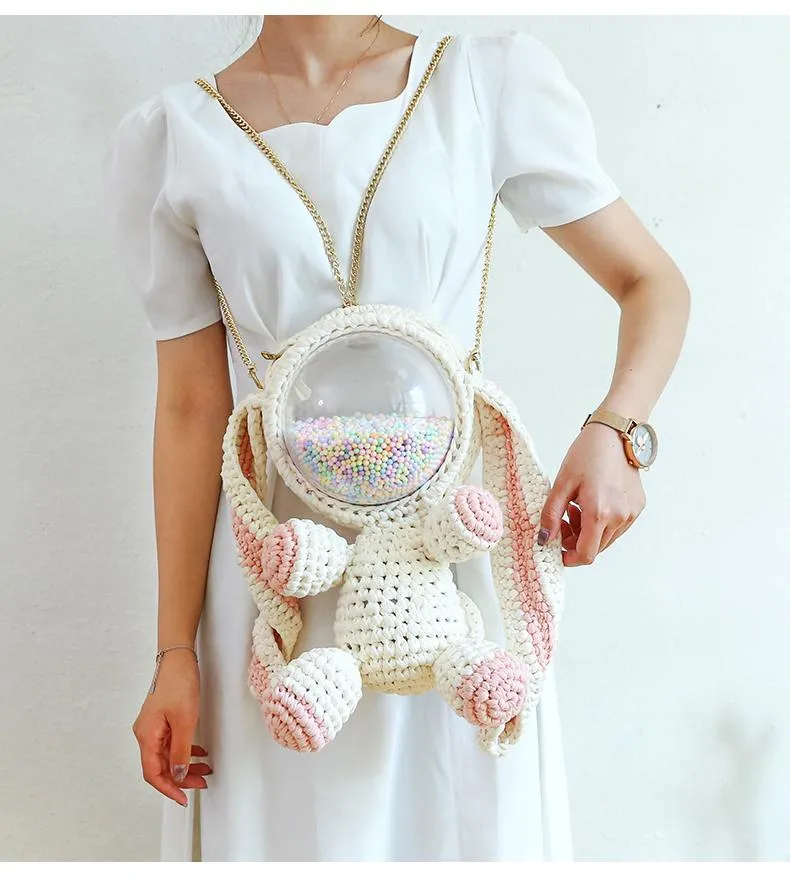 Cute White&Pink Crochet Bunny Backpack Rabbit Crochet Shoulder Bag for Girl Bunny Crochet Crossbody Purse