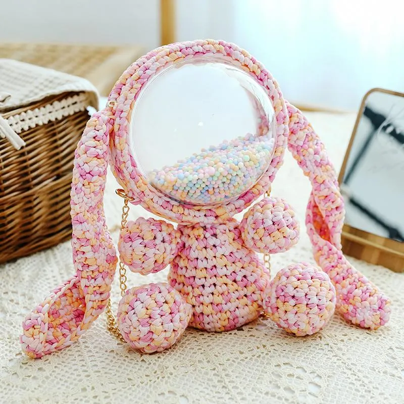 Cute White&Pink Crochet Bunny Backpack Rabbit Crochet Shoulder Bag for Girl Bunny Crochet Crossbody Purse