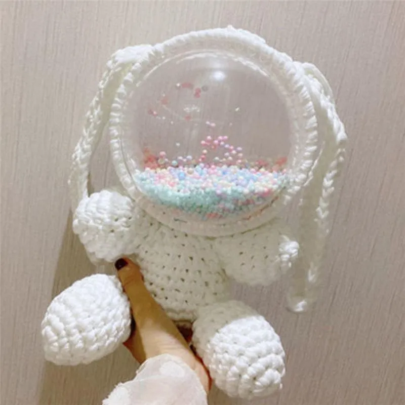 Cute White&Pink Crochet Bunny Backpack Rabbit Crochet Shoulder Bag for Girl Bunny Crochet Crossbody Purse